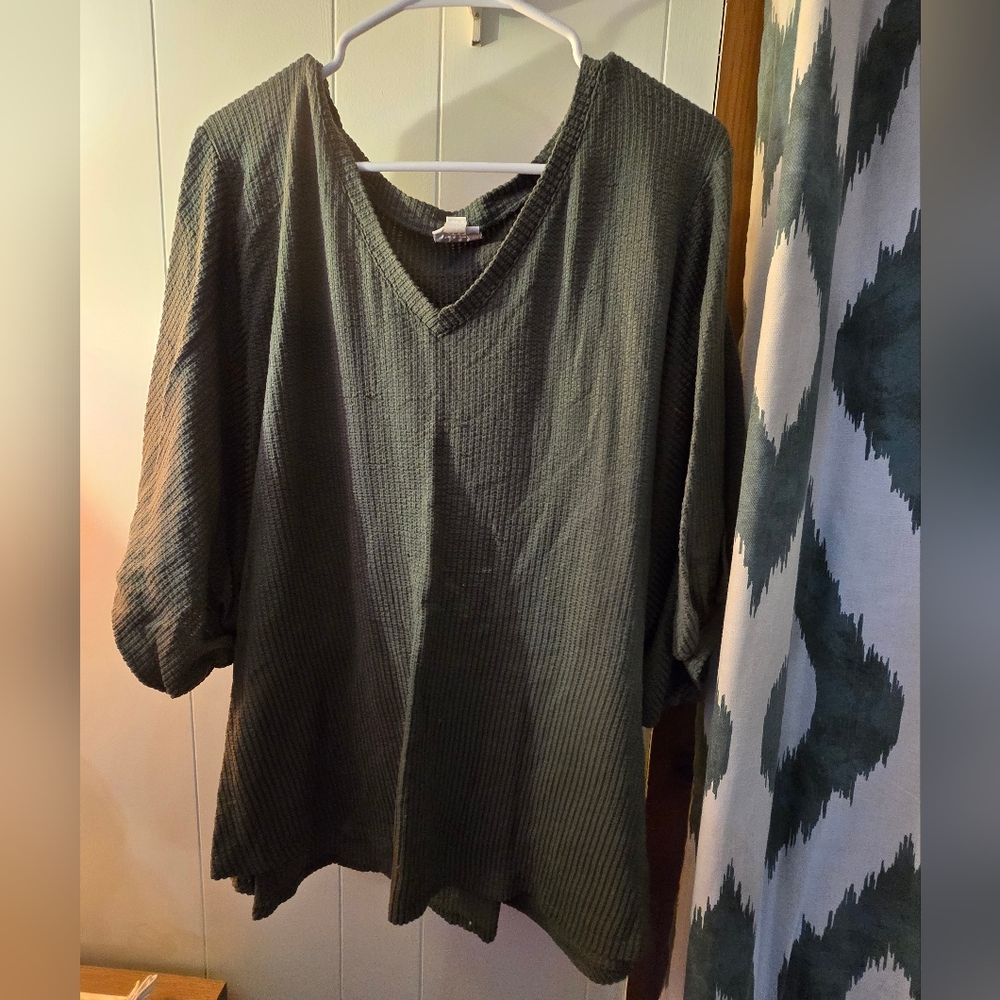 Dark Green Textured V-Neck Top